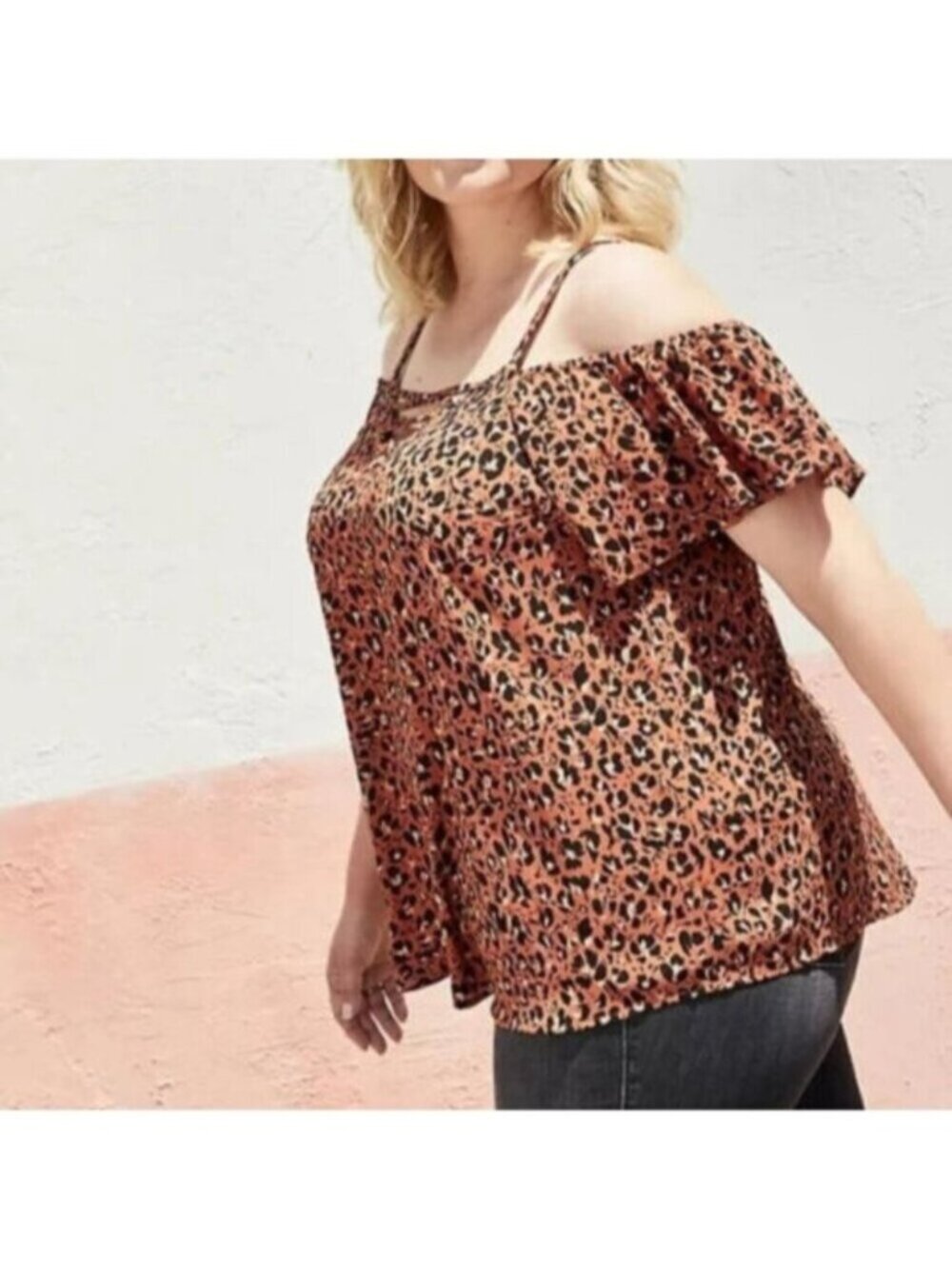 Torrid 3X Lace-Up Cold Shoulder Blouse - Georgette Leopard Print